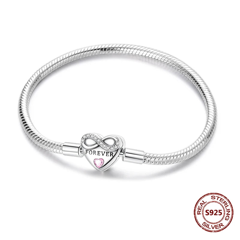 Silver 925 Bracelet Original Bracelets Colorful Zircon Heart Flower Cat Snake Chain For DIY Charms 17-20CM Luxury Jewelry Gifts