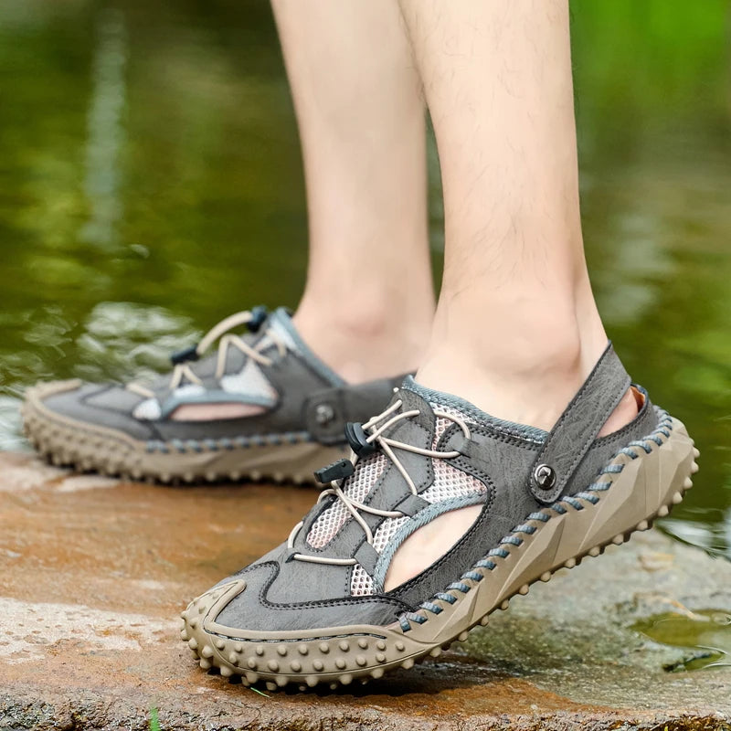 Mens Sandals Summer Outdoor Casual Mesh Hollow Walk Fishing Wading Shoes Lightweight Non Slip Hand Sewn Beach Slippers Man
