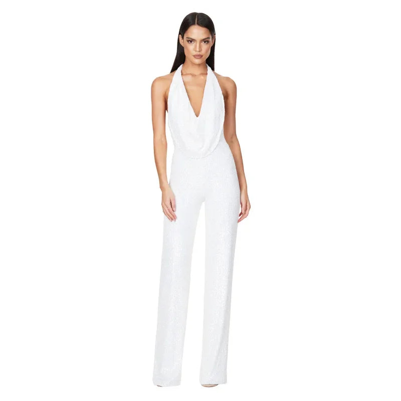 2026 Sequin Party Jumpsuit Women Sexy Club Glitter Overalls Rompers Bodysuit V-neck Long Pants Y2k Elegant Backless One Piece