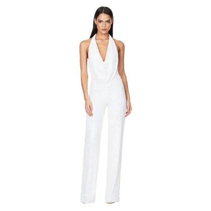 2026 Sequin Party Jumpsuit Women Sexy Club Glitter Overalls Rompers Bodysuit V-neck Long Pants Y2k Elegant Backless One Piece