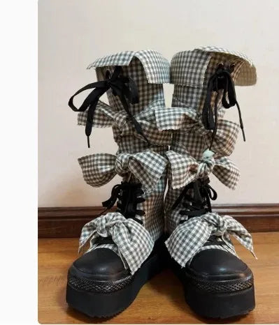 Canvas Patchwork Round Toe Belt Buckle Platform Knee-High Women Boots Height Increasing Sole Lace Up Design Large Size Shoes
