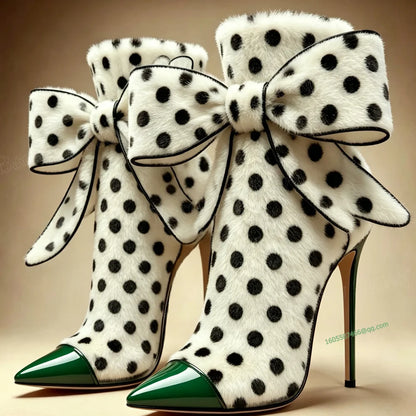 Black Toe Bow Knot Ankle Boots Polka Dots Front Pointed Toe Thin Heels Shoes High Heel Shoes for Women New Zapatos Para Mujere