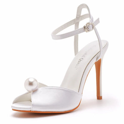 10cm High Heeled Sandals Luxury White Satin Cloth Fish Mouth Women's Shoes Banquet Wedding Dress Bridal Shoes Female