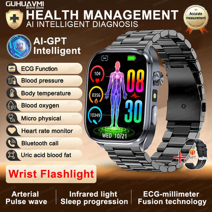2026New ECG+PPG Clock Health Trackr 2.0 inch Uric Acid Blood lipids Pressure Smart Watch Body Analysis Voice call Smartwatch Men