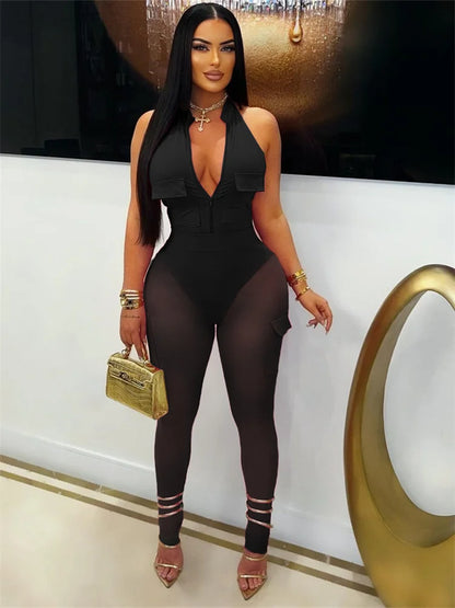 Weird Puss Mesh Patchwork Jumpsuits Women Halter Low-Neck Multiple Pockets Skinny Peach Hip Midnight Hipster Club Party Outfits