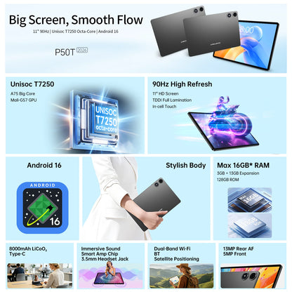Teclast P50T Android 16 Tablets 90Hz 11" Display 8 Core UNISOC T7250 Max.16GB RAM(3GB+13GB Virtual) 128GB ROM 8000mAh GPS Tabs