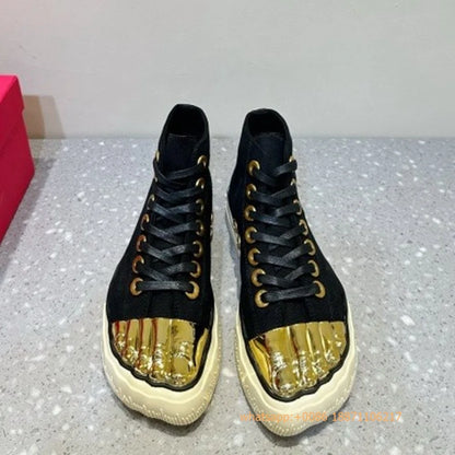 Golden Five Fingers Catwalk Ladies Shoes 2024 Summer New Sexy Street Thick Sole Sports Casual Pumps Model Party Lace Up Sneakers