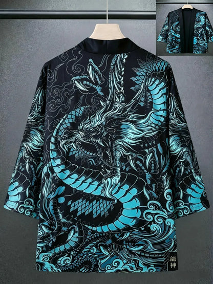European And American men's Summer Retro Dragon Teng Print Soft And Breathable Open Top Traditional Kimono Outdoor Casual Top