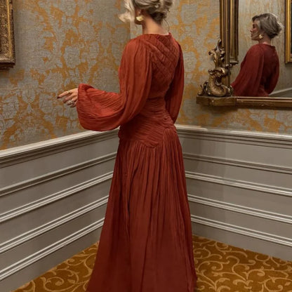 2026 Summer Women's Elegant Pleated Long Dress O-neck Loose Folds Lantern Sleeve Holiday Beach Commute Chic Vestidos