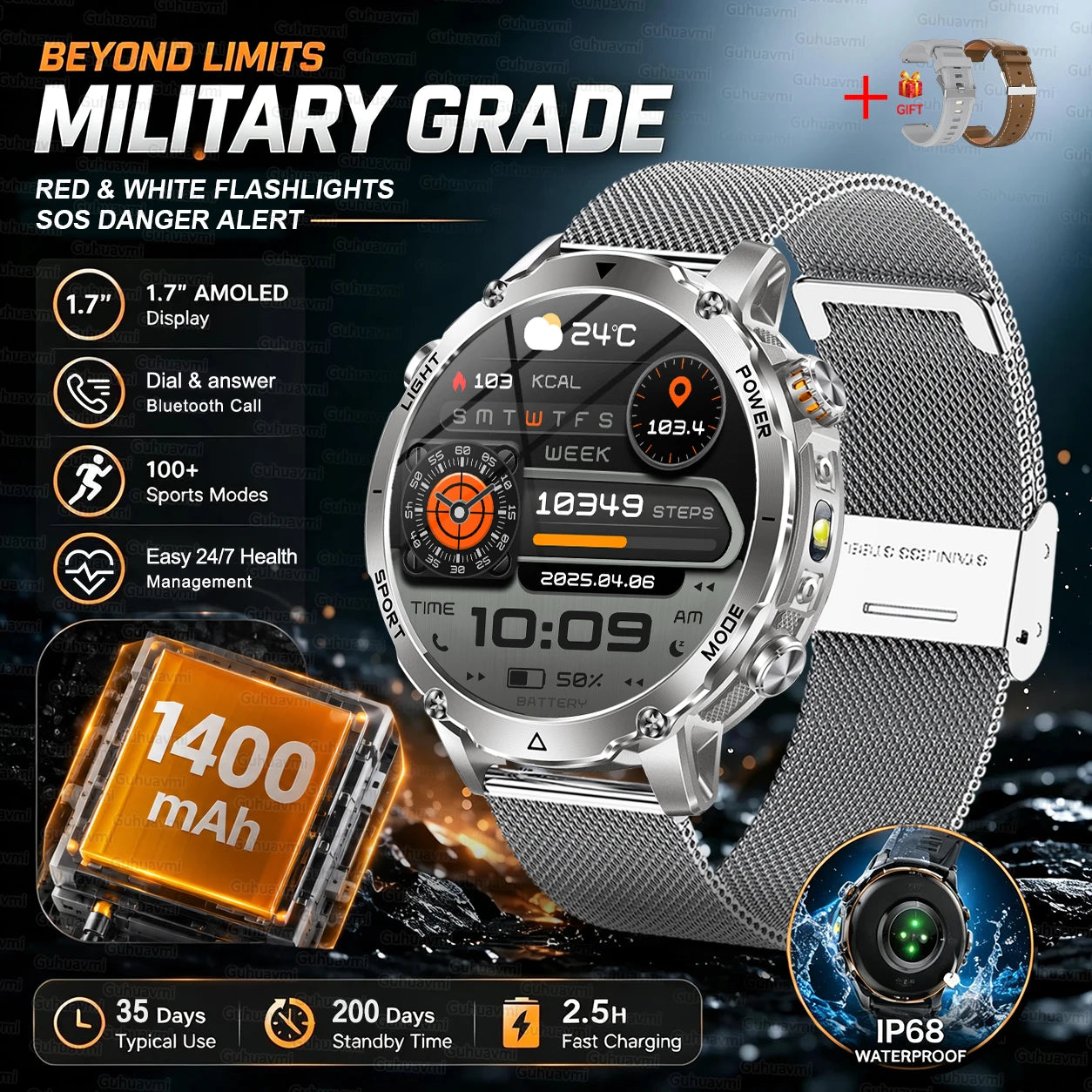 New 1400mAh Big Battery Smart Watch Men Outdoor GPS Flashlight IP68 Waterproof Bluetooth Call AMOLED Military Sports Smartwatch