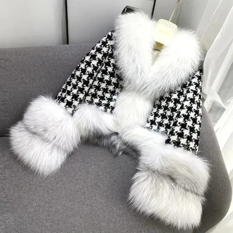 Autumn Winter Women Fur Coat Luxury Warm Short Thousand Bird Check Fur Collar Faux Fur Jackets Fashion Adjustable Waist Coats