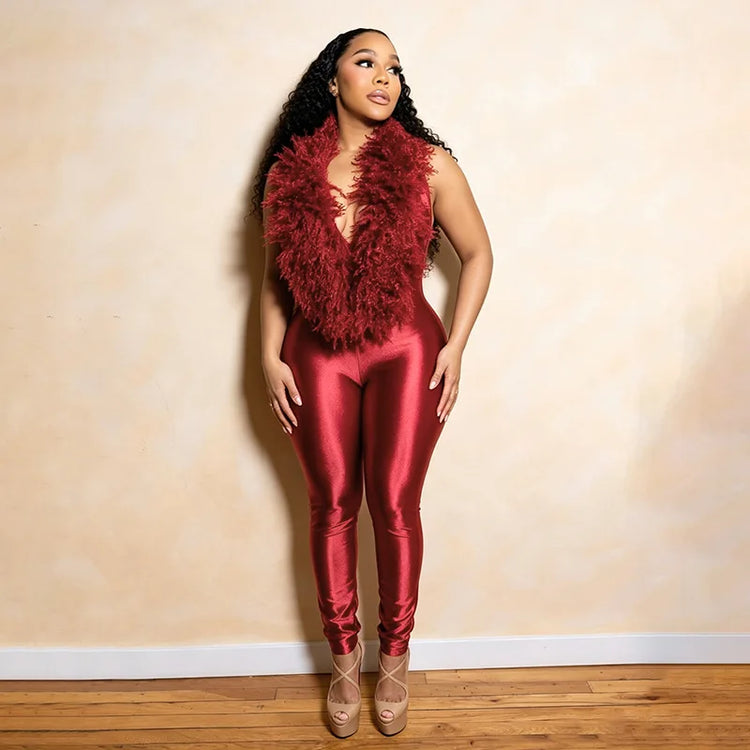 FAGADOER Women Faux Fur Halter Jumpsuit Deep V Neck Sleeveless Shiny Bodycon Long Pants Sexy Party Clubwear One Piece Outfit