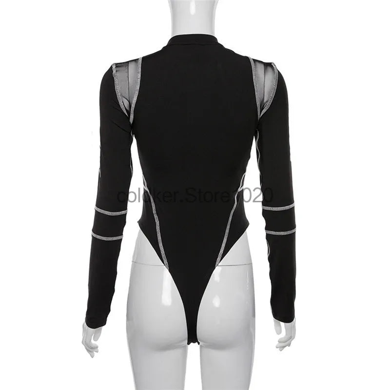 2025 Women Sexy Mesh Patchwork Letter Print Bodysuit Fashion Balck Patchwork Long Sleeve O-Neck Fitness Tops Wild Streetwear