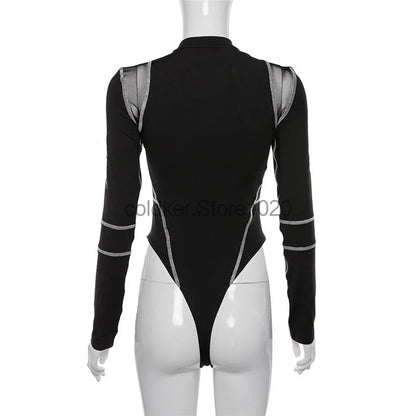 2025 Women Sexy Mesh Patchwork Letter Print Bodysuit Fashion Balck Patchwork Long Sleeve O-Neck Fitness Tops Wild Streetwear