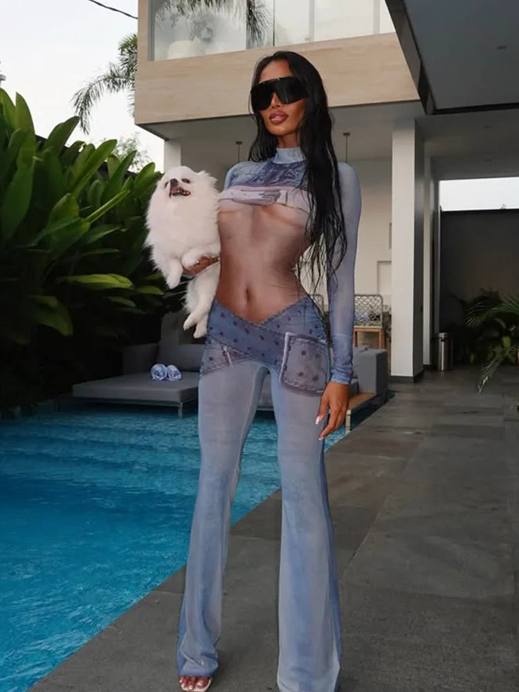 Sexy Denim Print Mesh Jumpsuit Women Chic Sheer Body Silhouette Rompers Elegant Long Sleeve Party Festival Clubwear Outfits 2026