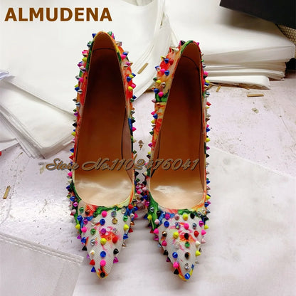 ALMUDENA Multi-Color Rivets Thin High Heel Dress Shoes 12Cm 10Cm 8Cm Stilettos Pointed Toe Shallow Pumps Pricts Spikes Footwear