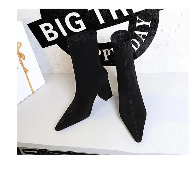 BIGTREE Shoes High Heel Boots Suede Women Ankle Boots Pointed Toe Socks Boots Thick Heel Women Shoes Warm Winter Boots Size 43