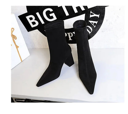 BIGTREE Shoes High Heel Boots Suede Women Ankle Boots Pointed Toe Socks Boots Thick Heel Women Shoes Warm Winter Boots Size 43