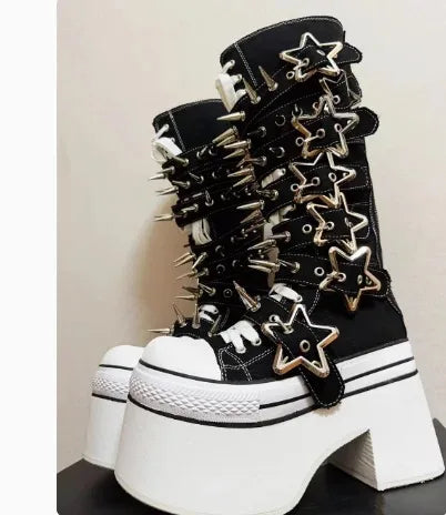 Canvas Patchwork Round Toe Belt Buckle Platform Knee-High Women Boots Height Increasing Sole Lace Up Design Large Size Shoes
