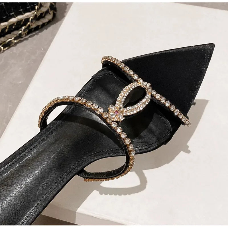 Luxury Rhinestones Gem Narrow band Women Slipper Sandals Elegant Pointed toe Thin High heels Mules Slides Fashion Party Shoes