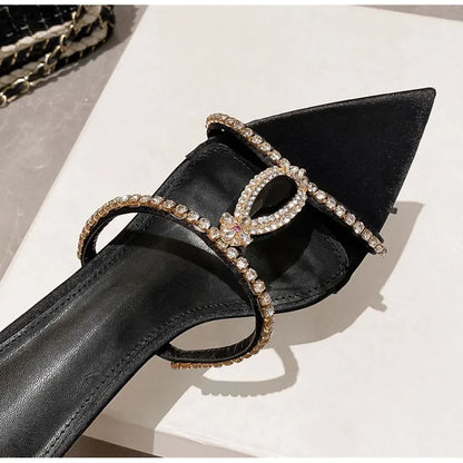 Luxury Rhinestones Gem Narrow band Women Slipper Sandals Elegant Pointed toe Thin High heels Mules Slides Fashion Party Shoes