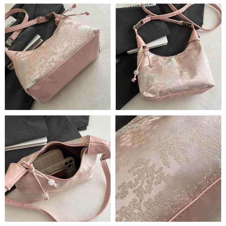Fashion Luxury Women Embroidery Shoulder Bag Nylon Pearl Pendant Bucket Bag Versatile Handbag Retro Women Crossbody Bags сумка