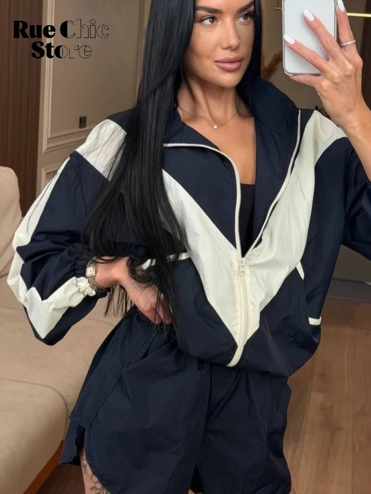 Chevron Stripe Windbreaker Tracksuit Women Casual Zip Cropped Jacket Contrast Trim Shorts Suit Lady Daily Jogging Street Outfit