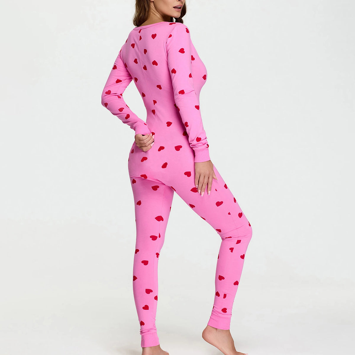 hirigin Women Bodycon Jumpsuits Heart Print V-Neck Long Sleeve Rompers Fall Winter Casual Playsuits Valentine's Day Clothes