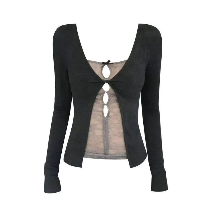 Korean Fashion Elegant Patchwork Lace Tops Slim Casual Long Sleeve Blouse 2000s American Vintage Sweet Pullover Chic