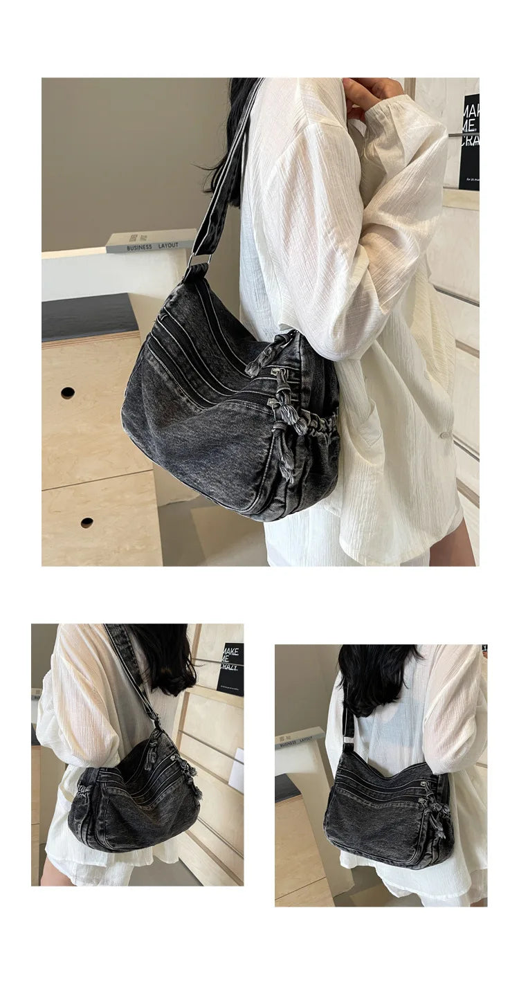 Vintage Denim Women's Shoulder Bag Large Capacity Messenger Bag Multi-pockets Satchel Bags Adjustable Strap Ladies Crossbody Bag