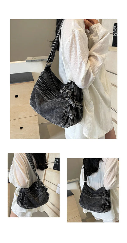 Vintage Denim Women's Shoulder Bag Large Capacity Messenger Bag Multi-pockets Satchel Bags Adjustable Strap Ladies Crossbody Bag