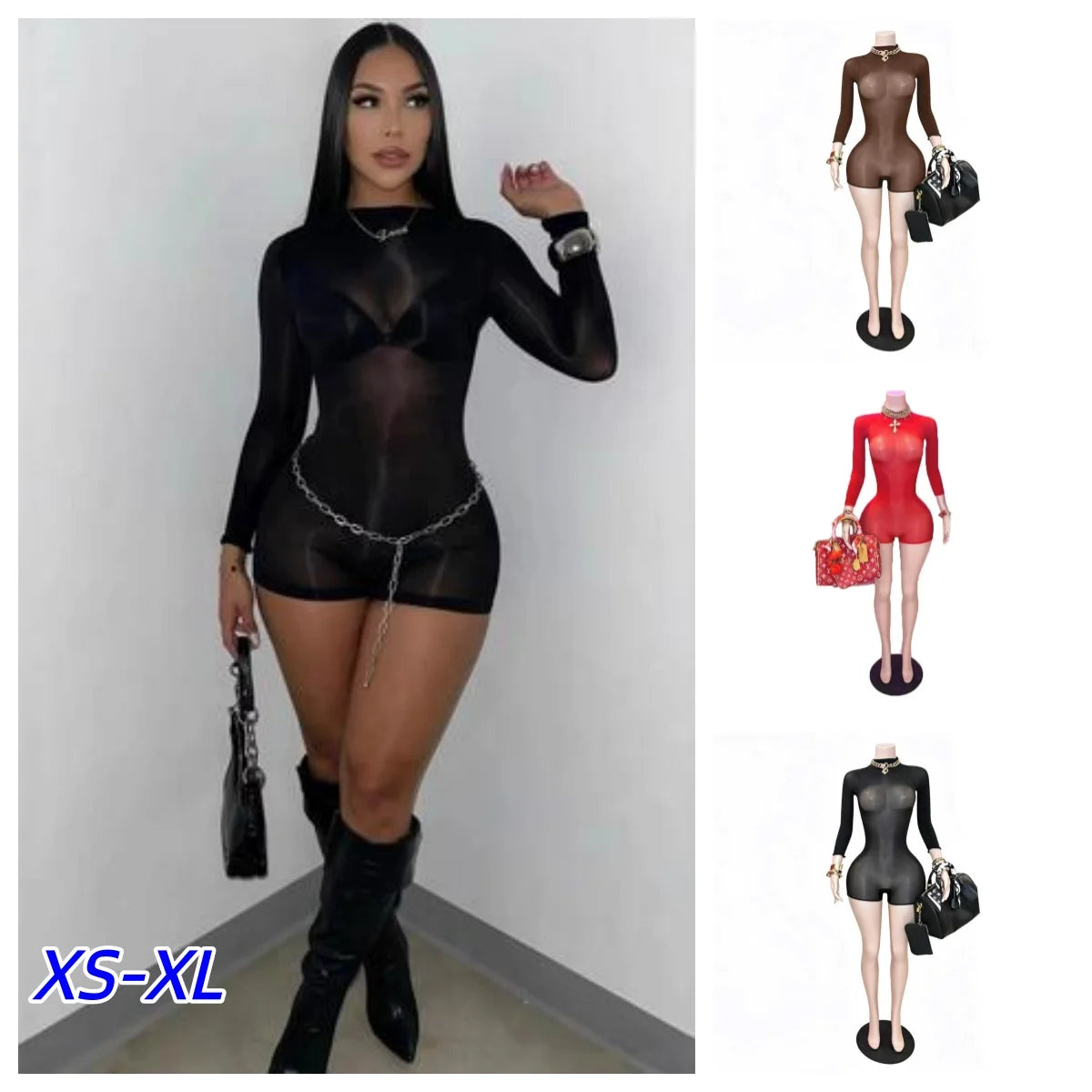 Y2k Hot Solid Long Sleeve Shorts Jumpsuits for Woman Bodysuit Fancy Club Skinny Stretchy Party Night Mesh One Pieces Playsuit