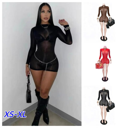 Y2k Hot Solid Long Sleeve Shorts Jumpsuits for Woman Bodysuit Fancy Club Skinny Stretchy Party Night Mesh One Pieces Playsuit