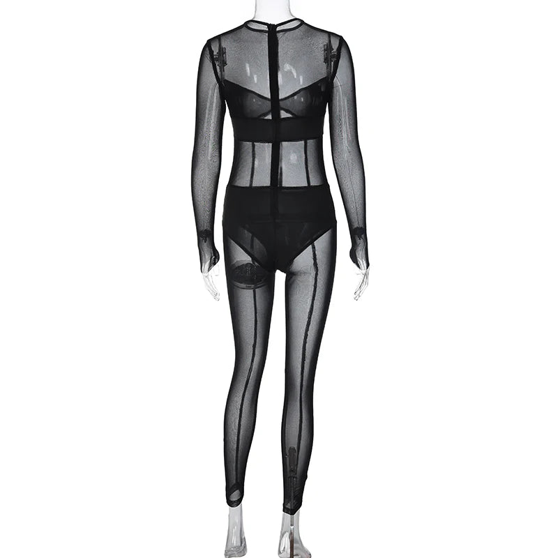 Hugcitar Mesh Long Sleeve Black Zip Up See Through Sheer Sexy Bodycon Jumpsuit 2025 Summer Women Romper Beach Festival Club Y2K