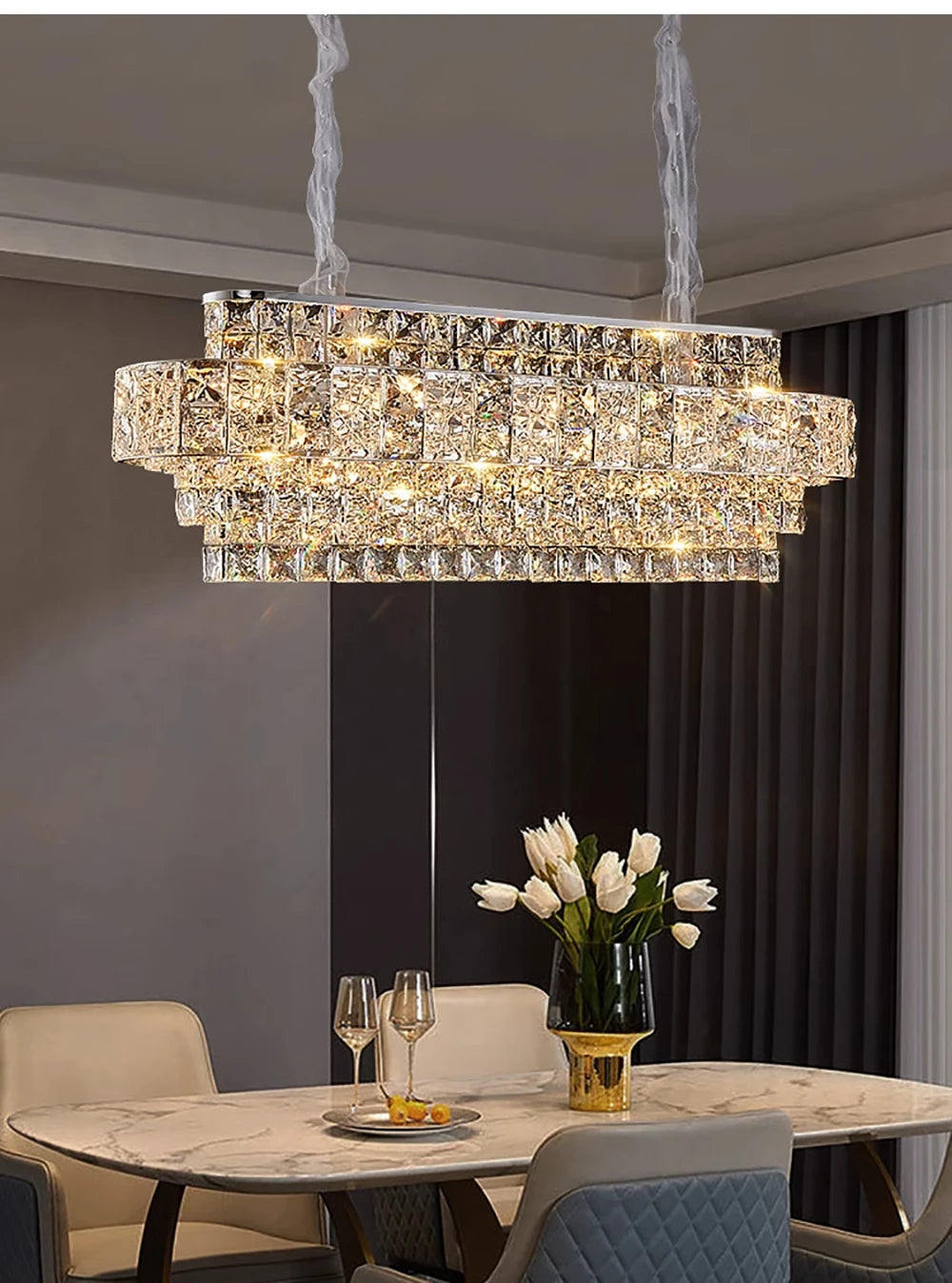Luxury Glittering Crystal Long Pendant Lights Modern Lustres LED Oval Hanging Lamps for Ceiling Home Decor for Dining Room