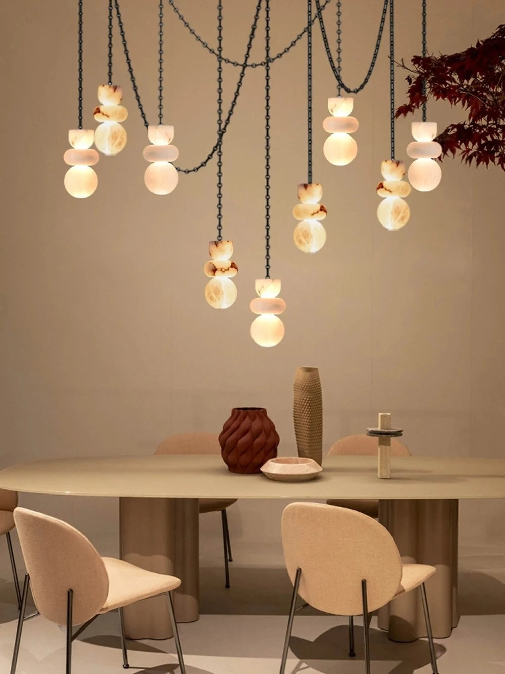 Alabaster Marble Chain Hanging Pendant Lights Collection for Dining Room Spanish Natural Marble LED Chandelier For Living Room