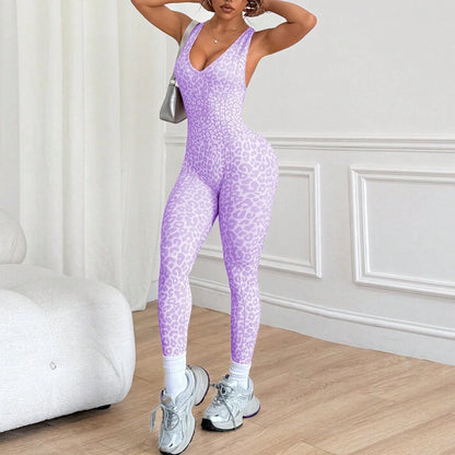 Women Sports Jumpsuits Leopard Deep V Bandage One Piece Yoga Pants Scrunch Workout Fitness Gym Training Athletic Tights Suits