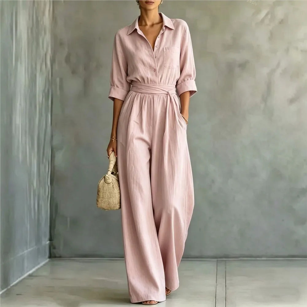 Women's Mid-sleeve Shirts Jumpsuits Spring Summer New 2026 New Fashion Elegant Waisted Lace-up Wide-leg Trousers Female Rompers