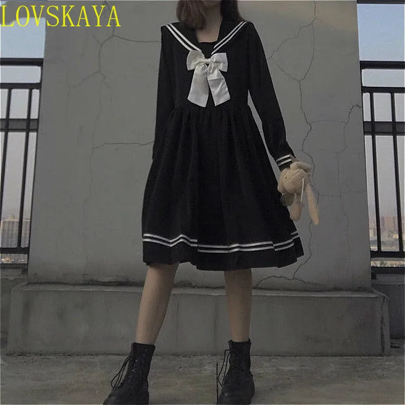 Bow splicing loose A-line fashionable knee length cute empire preparatory style Japanese full set black school uniform