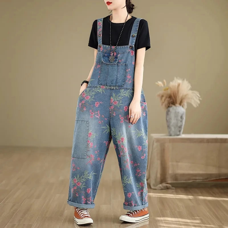 Vintage Denim Overalls Spring Summer Loose Jumpsuits Oversized Artistic Casual age Reducing Printed Casual Harem Pants Female