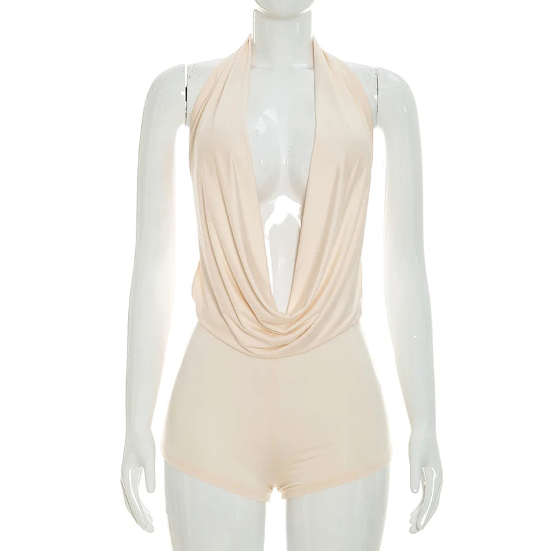 Sexy solid color hanging neck and swinging neck, large backless sleeveless jumpsuit shorts