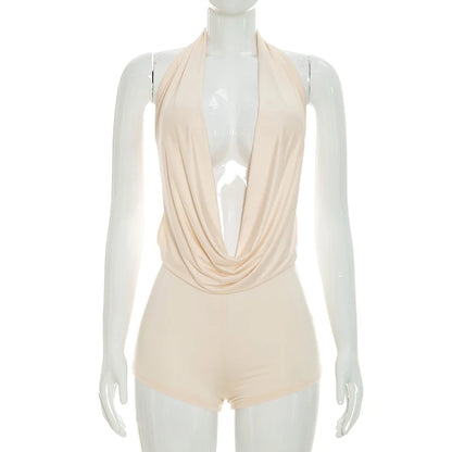 Sexy solid color hanging neck and swinging neck, large backless sleeveless jumpsuit shorts