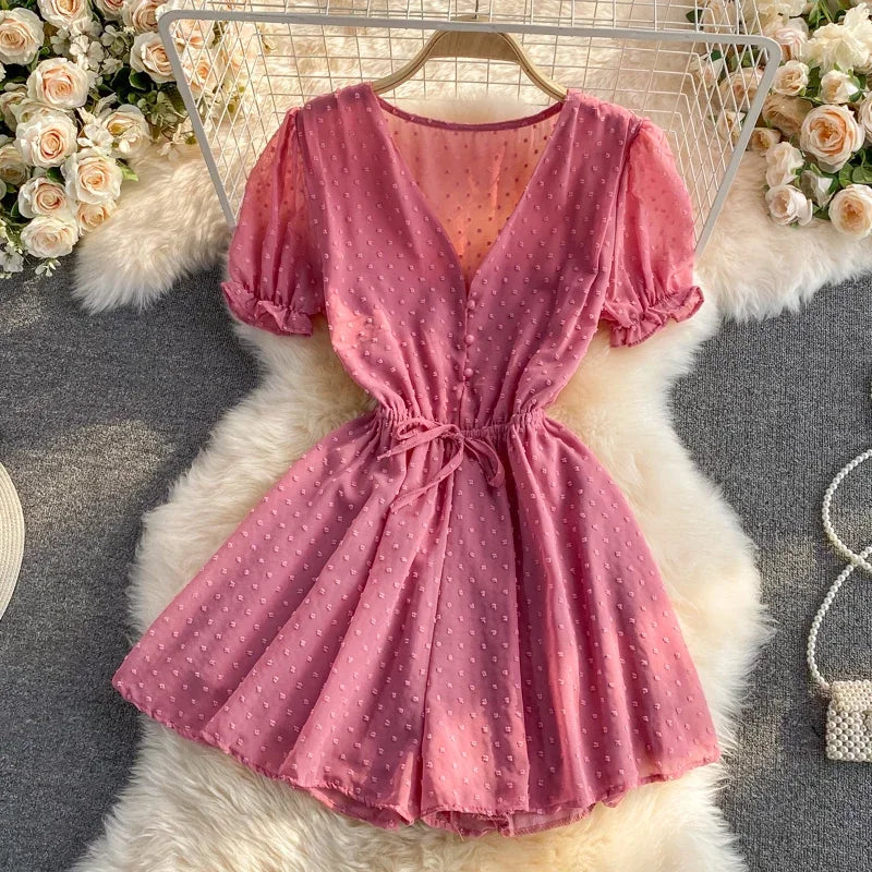 2025 Summer Women Playsuit Polka Dot See Through Thin Beach Rompers Sexy V-neck Short Sleeve Drawstring Sash Slim Waist Overalls