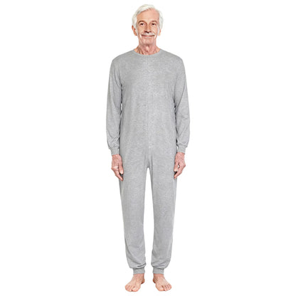 Adult Unisex Elderly Anti-Strip Adaptive Jumpsuit Solid Color Crew Neck Long Sleeve Back Zipper Rompers Special Needs Clothing