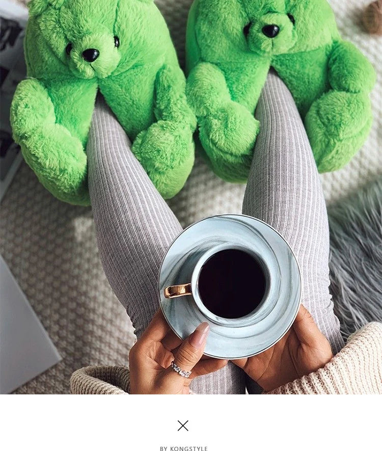 Cute Teddy Bear Plush Winter Slippers, Wrapped Heel Funny Indoor Floor Shoes, Women Gift, Warm Soft Cartoon Fluffy Animal Slippe