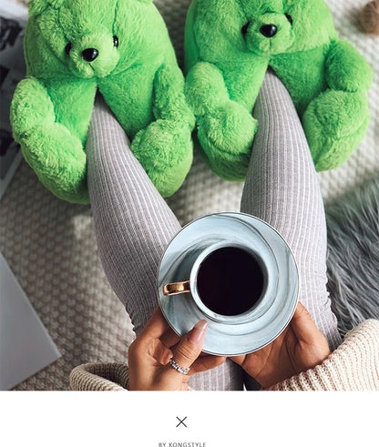 Cute Teddy Bear Plush Winter Slippers, Wrapped Heel Funny Indoor Floor Shoes, Women Gift, Warm Soft Cartoon Fluffy Animal Slippe