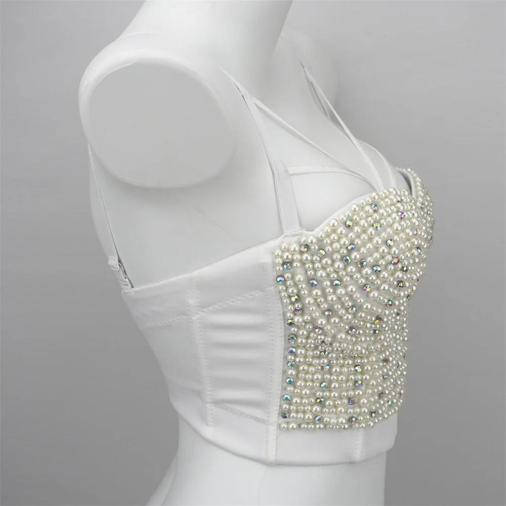 Quality Pearl Tank Tops Rhinestone Women Crop Top Club Clothes Streetwear Y2K Corset Woman Shaper Camis Fashion Feamale Clothing