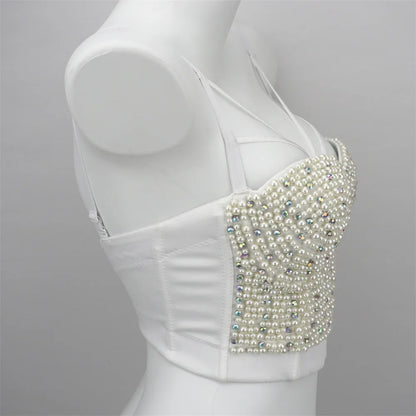 Quality Pearl Tank Tops Rhinestone Women Crop Top Club Clothes Streetwear Y2K Corset Woman Shaper Camis Fashion Feamale Clothing