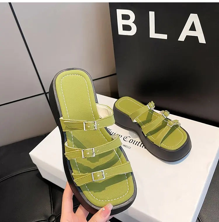 Women Thicken Soled Buckle Strap Sandals Platform High Heel Shoes Ladies Cut-Out Slippers Open Toe Flipflops Silver Beach Slides