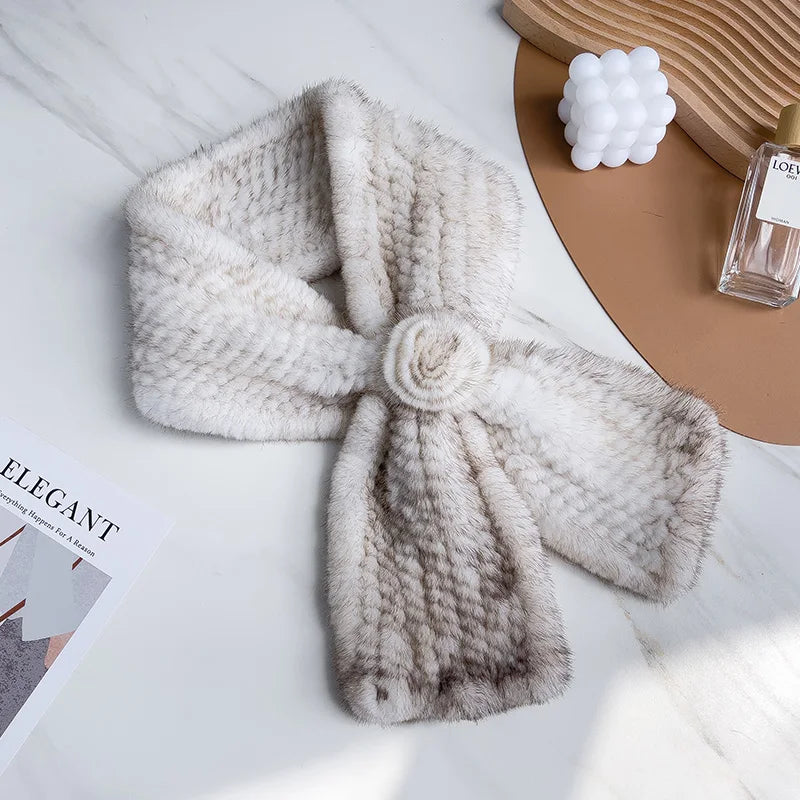 Real Fur Warm Scarf for Women Cross Style One Flower Knitted Design New Fashion Mink Fur Neck Warmer Winter Accessories Scarves